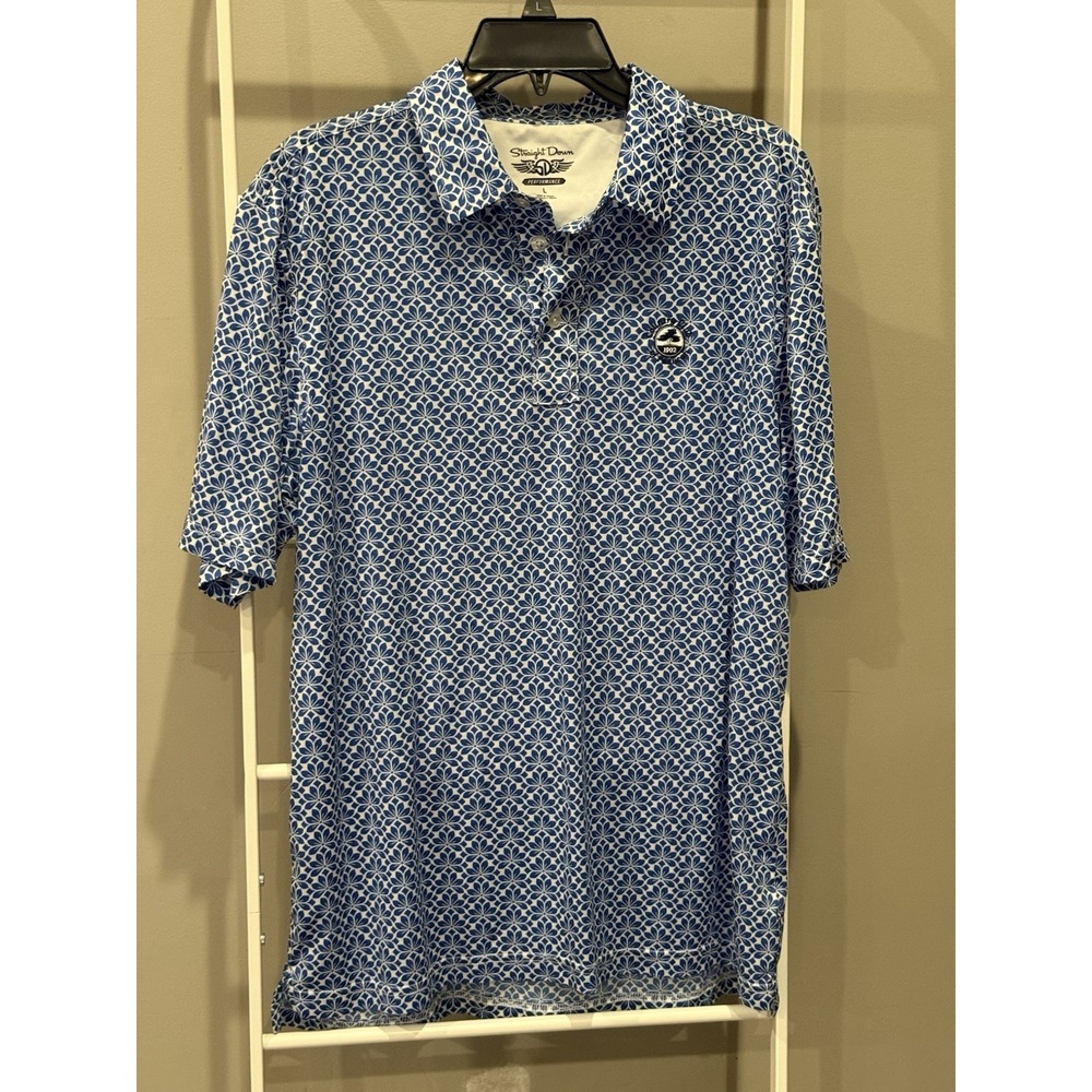 Straight Down Geometric Polo Shirt Men's L White Blue Golf Performance Stretch